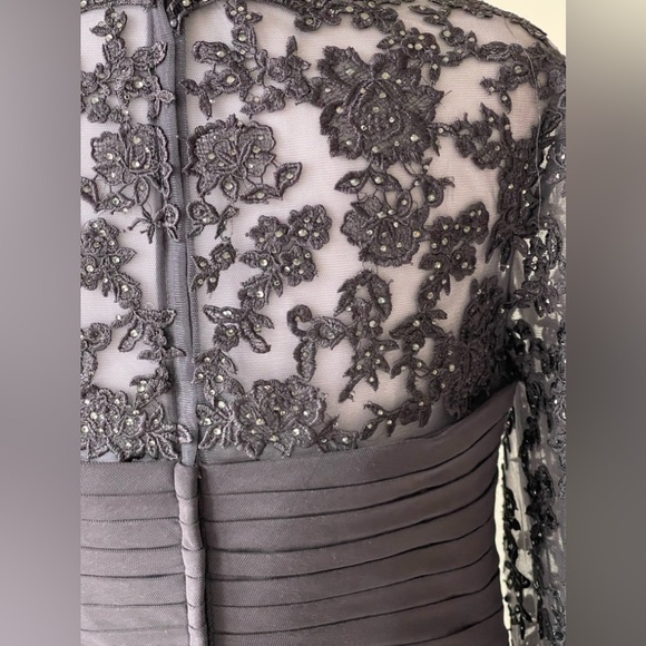 La Femme Ruched Twist Column Sweetheart Neck Lace and Crystals Maxi Gown NWOT - Picture 9 of 12